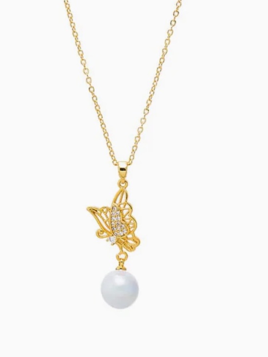 Adina Eden Jewelry - Adina Eden Gold Plated Butterfly Pendant with Faux White Pearl Drop NEW